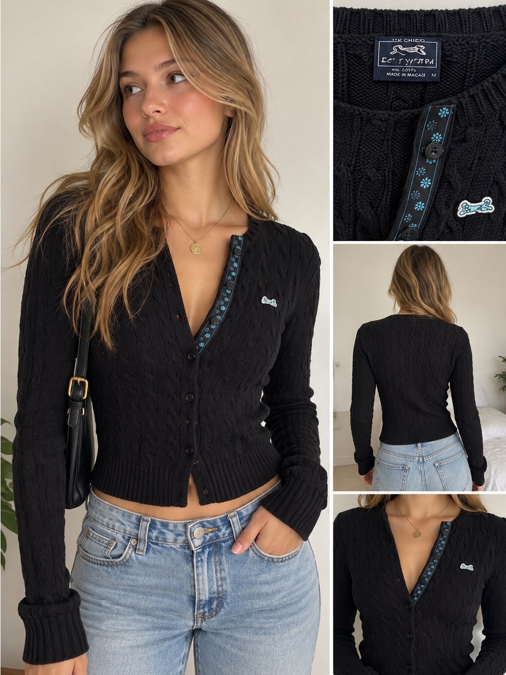 VTG Le Tigre Cropped 100% Cotton Cable Knit Cardigan Black Ribbon Trim M